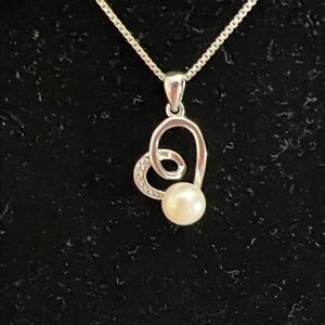 Sterling Silver 925 Open Heart Pearl Pendant Necklace